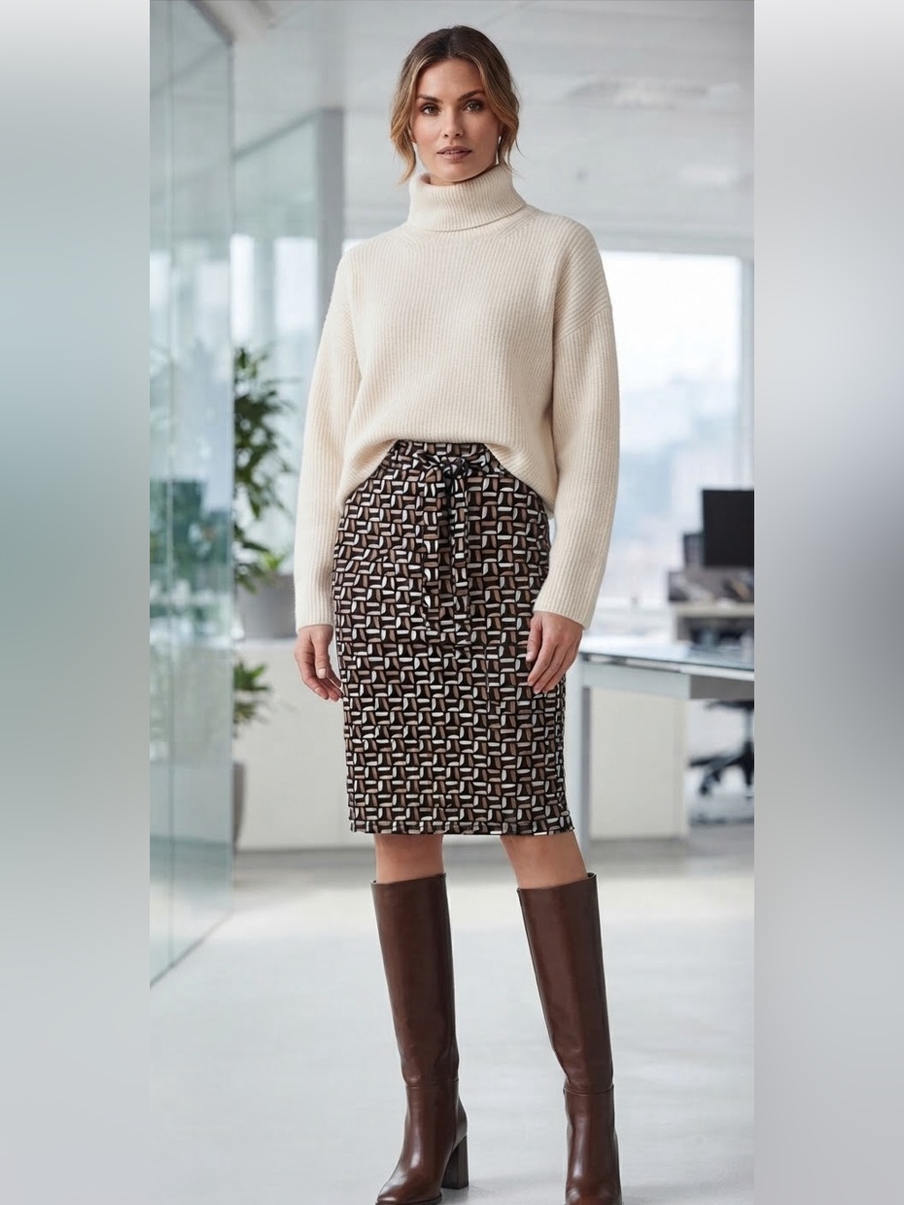 Classic Geometric Pencil Skirt in Brown and Cream